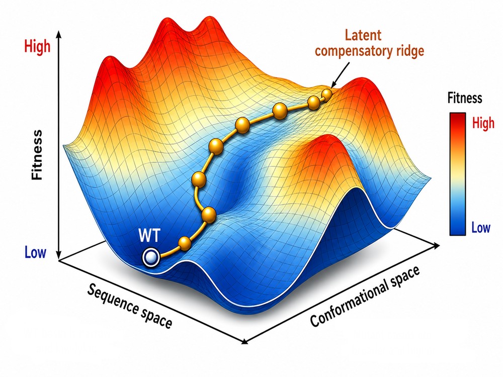 Illustration of a rugged fitness landscape with an adaptive walk from wild type along a latent compensatory ridge to a high-fitness peak